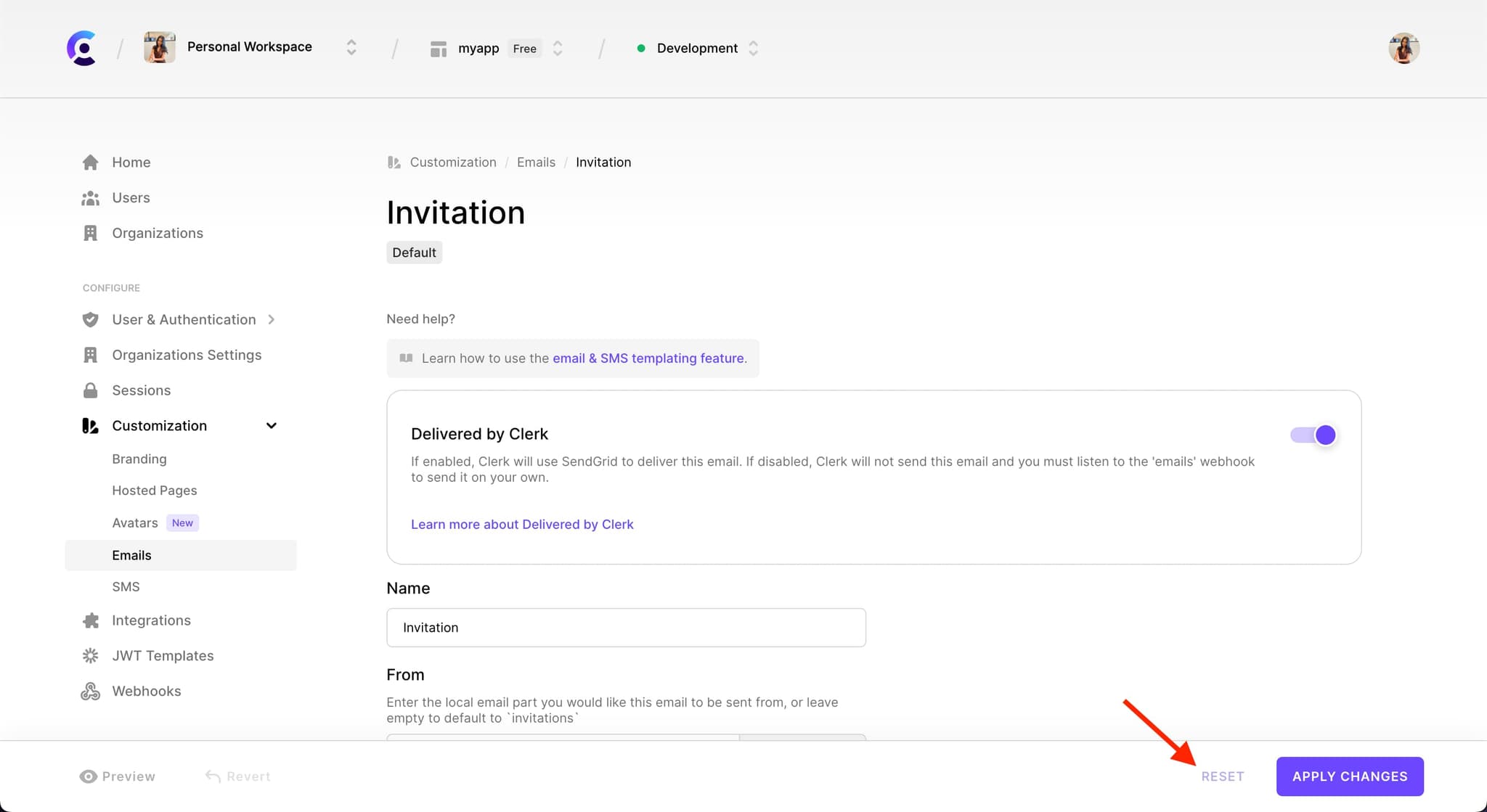 The 'Invitation' email template customization page. A red arrow points to the 'Reset' button.