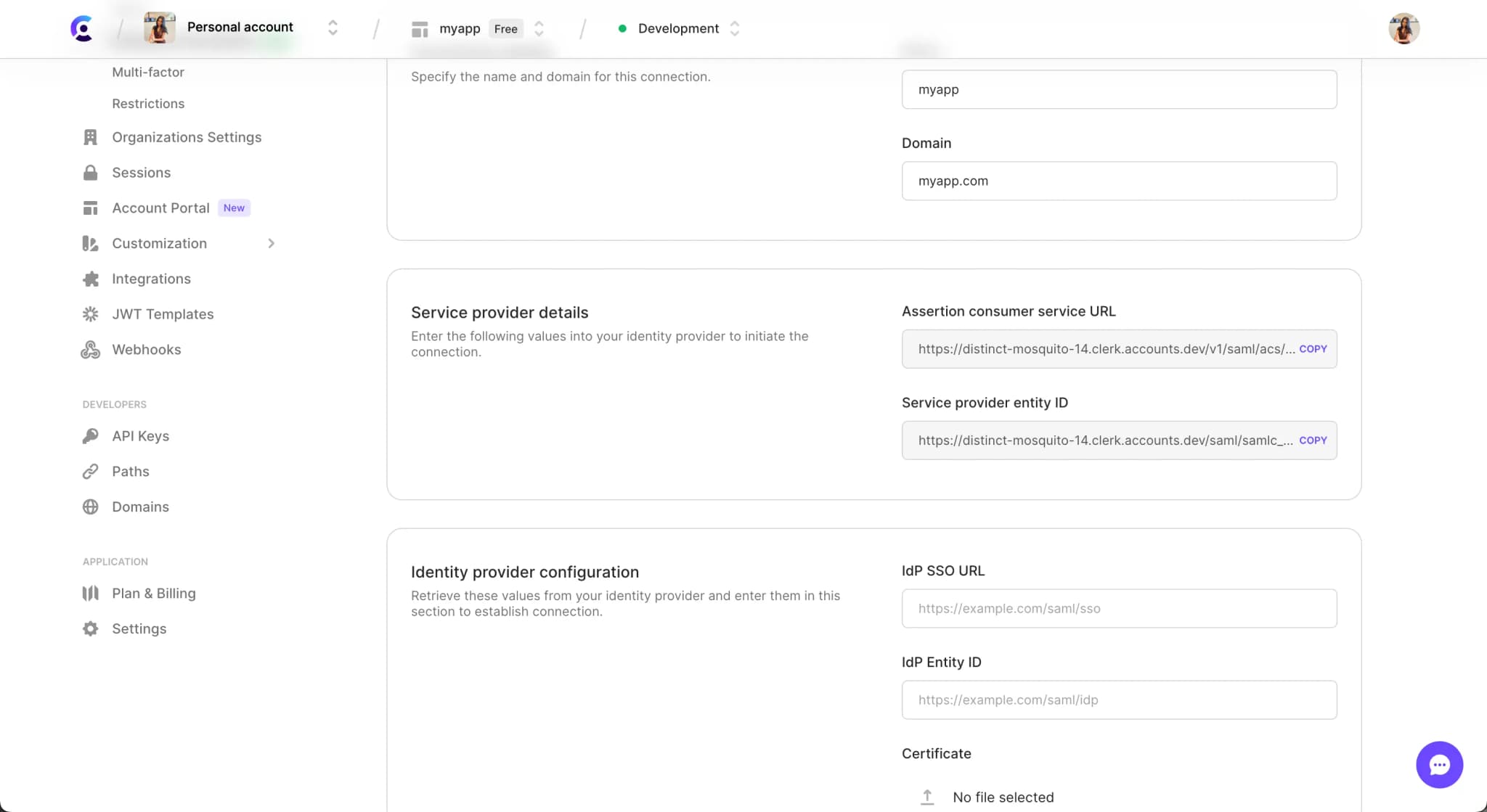 The configuration settings for the Enterprise connection that was created. The page is scrolled down to show the 'Service provider details' section.