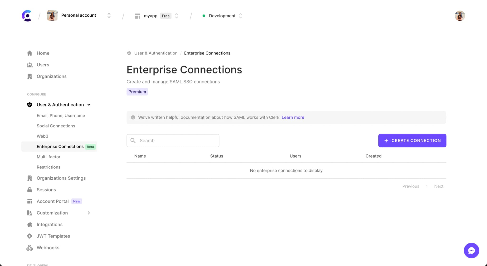 The Enterprise Connections section in the Clerk Dashboard. There is a red arrow pointing to the 'Create connection' button.