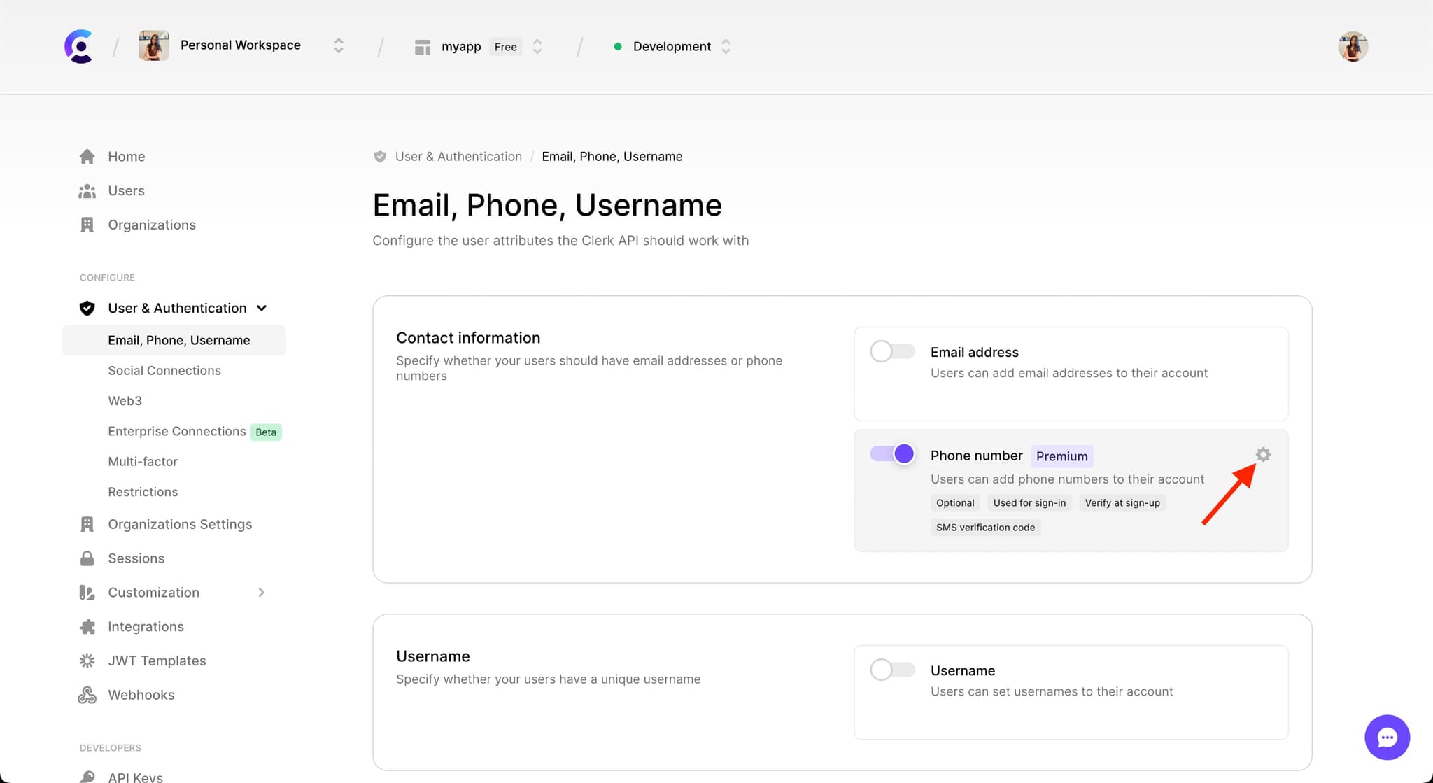 The 'Email, Phone, Username' tab with an arrow pointing to the gear icon next to 'Phone number'.