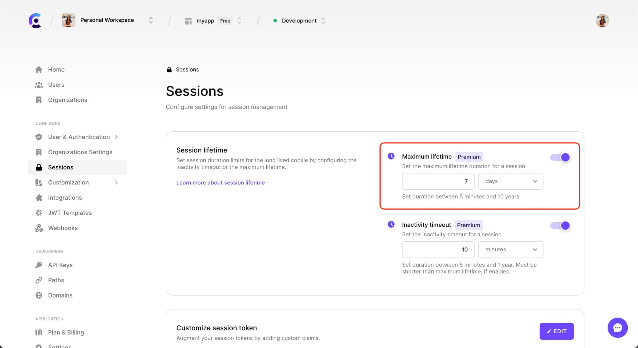 The 'Sessions' settings in the Clerk Dashboard with a red outline around the 'Maximum lifetime' section. This option is toggled on, revealing an input for customizing duration of a session lifetime.