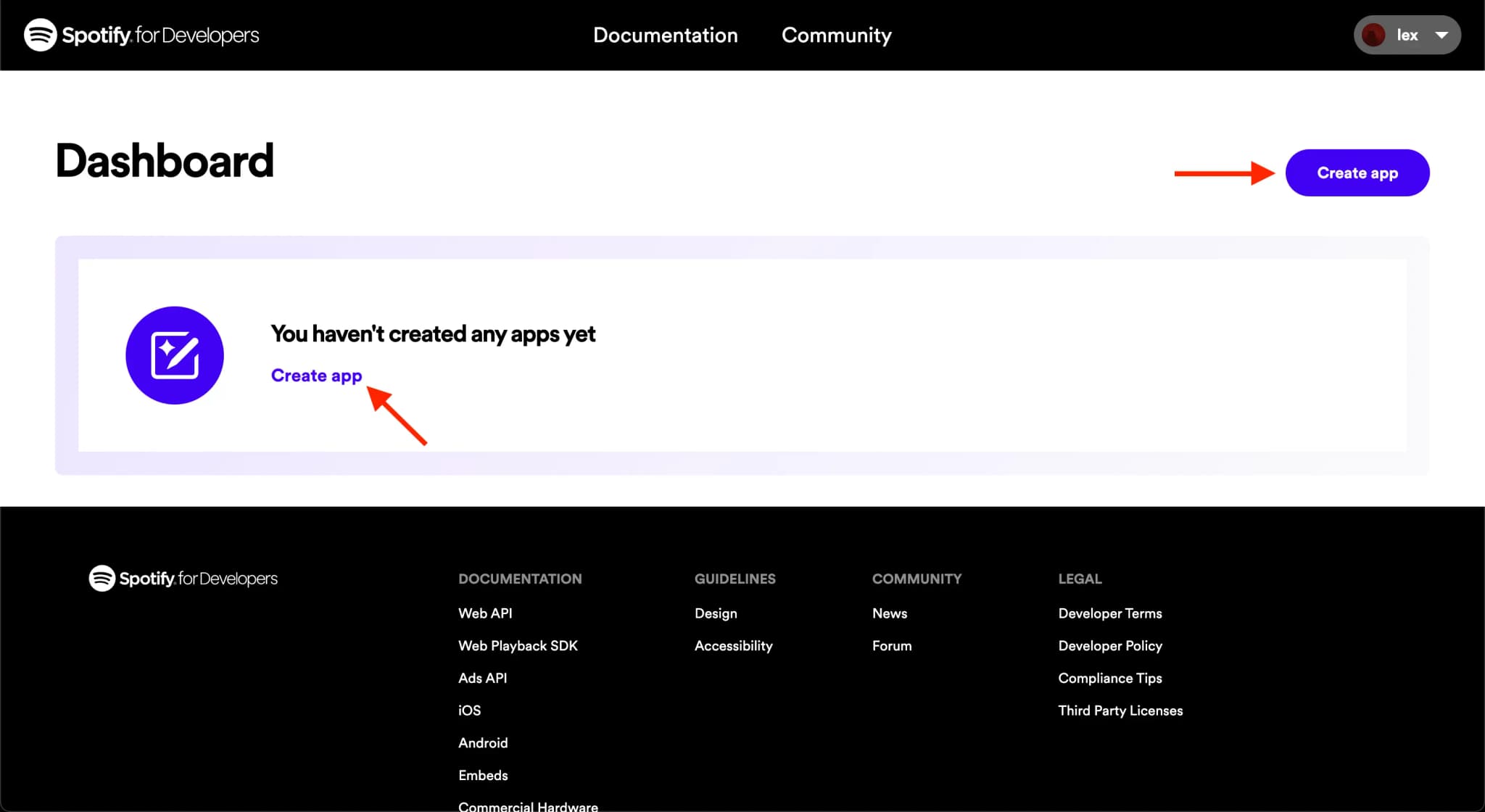 The Spotify Developer Dashboard. A red arrow points to both 'Create app' buttons.