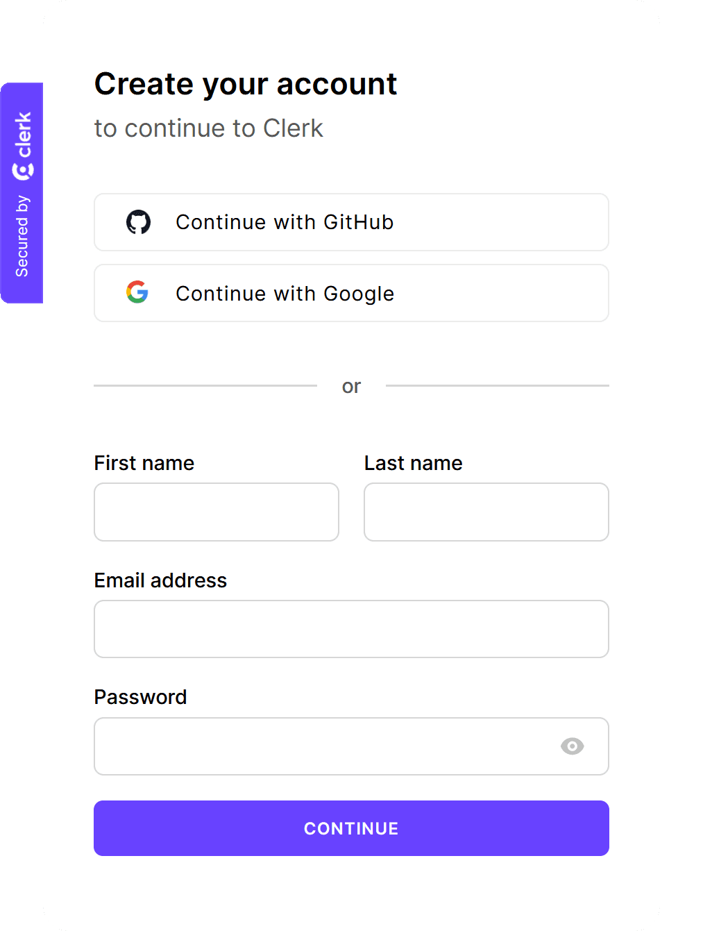 An interactive "Create your account" card which provides sign-up options for a GitHub or Google account as well as email and password.